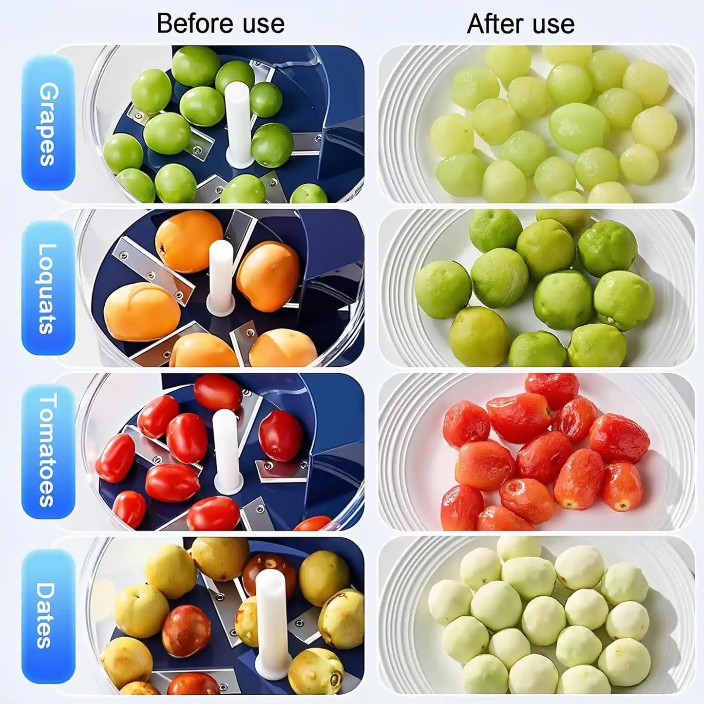 Before and after use of a fruit and vegetable chopper with grapes, loquats, tomatoes and garlic