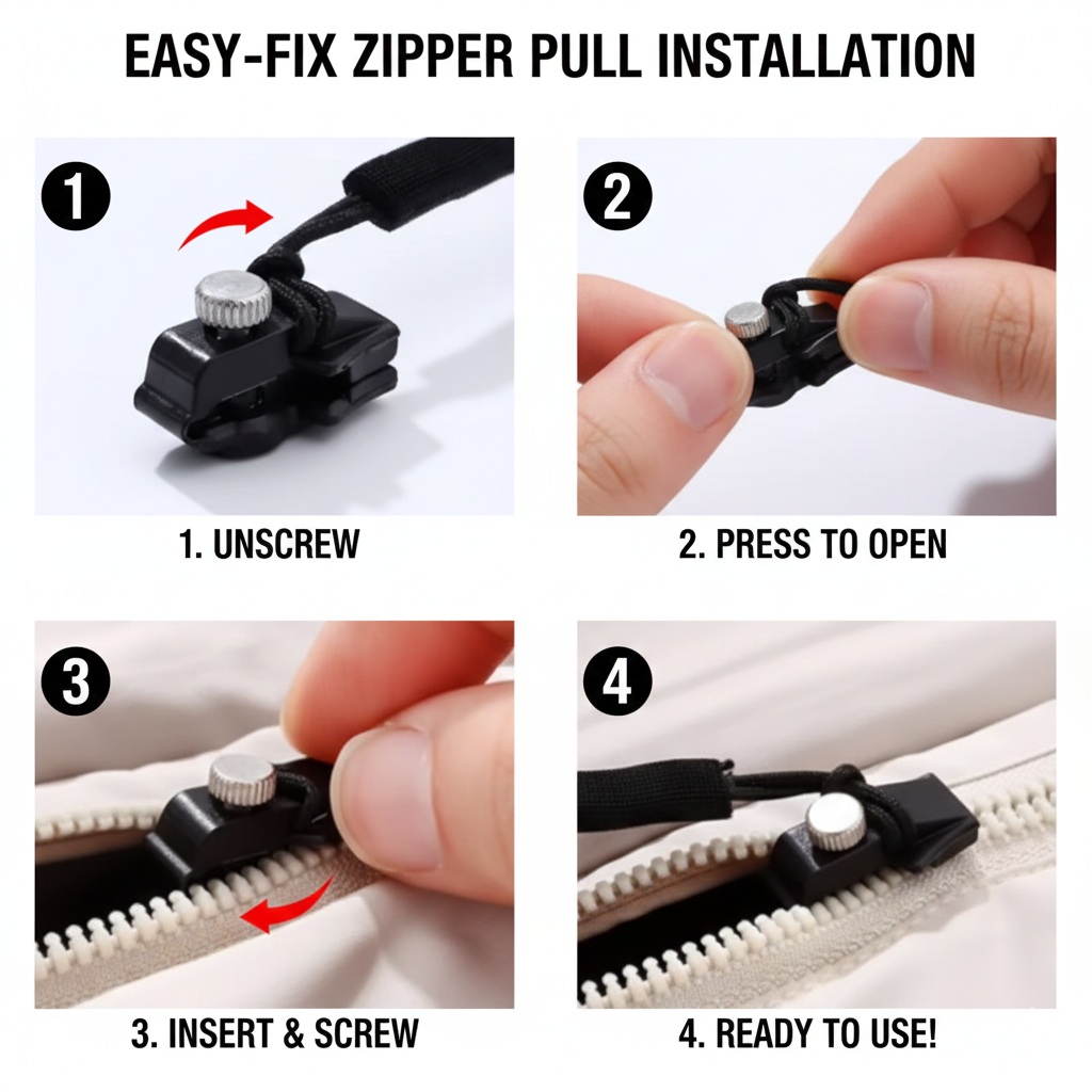 Step-by-step guide on how to install an easy-fix zipper pull with labeled steps.