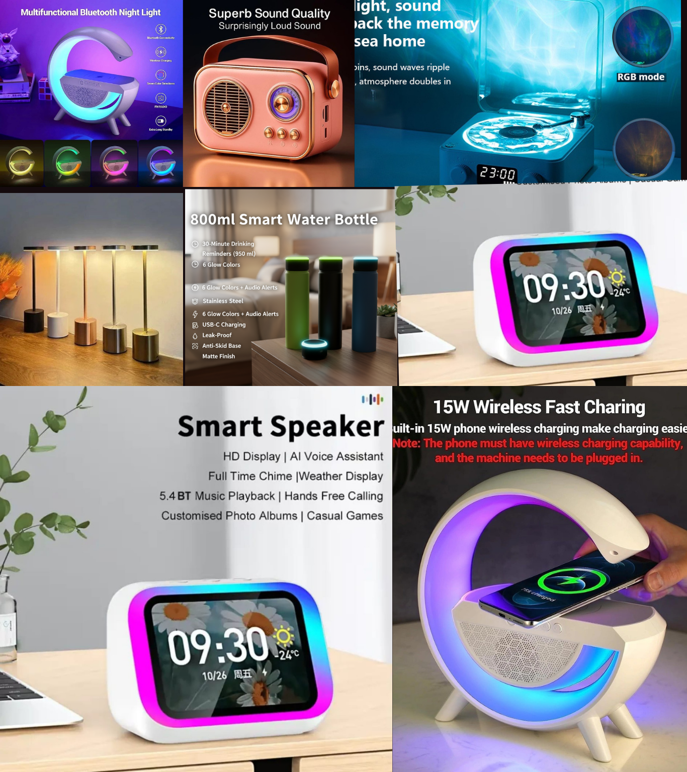 Collage of various electronic devices including a smart clock, water bottle, and speaker with product descriptions.