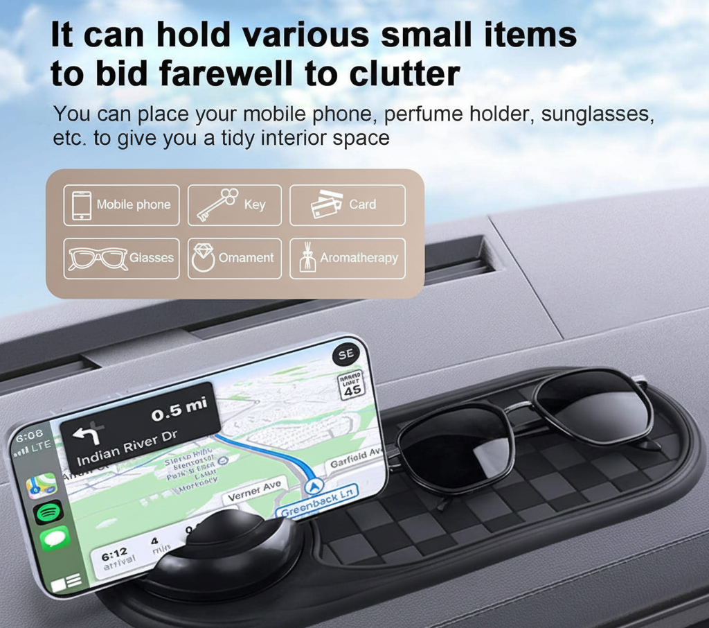 Car dashboard organizer with phone holder