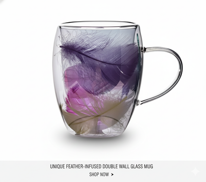 Glass mug with purple feathers on a white background