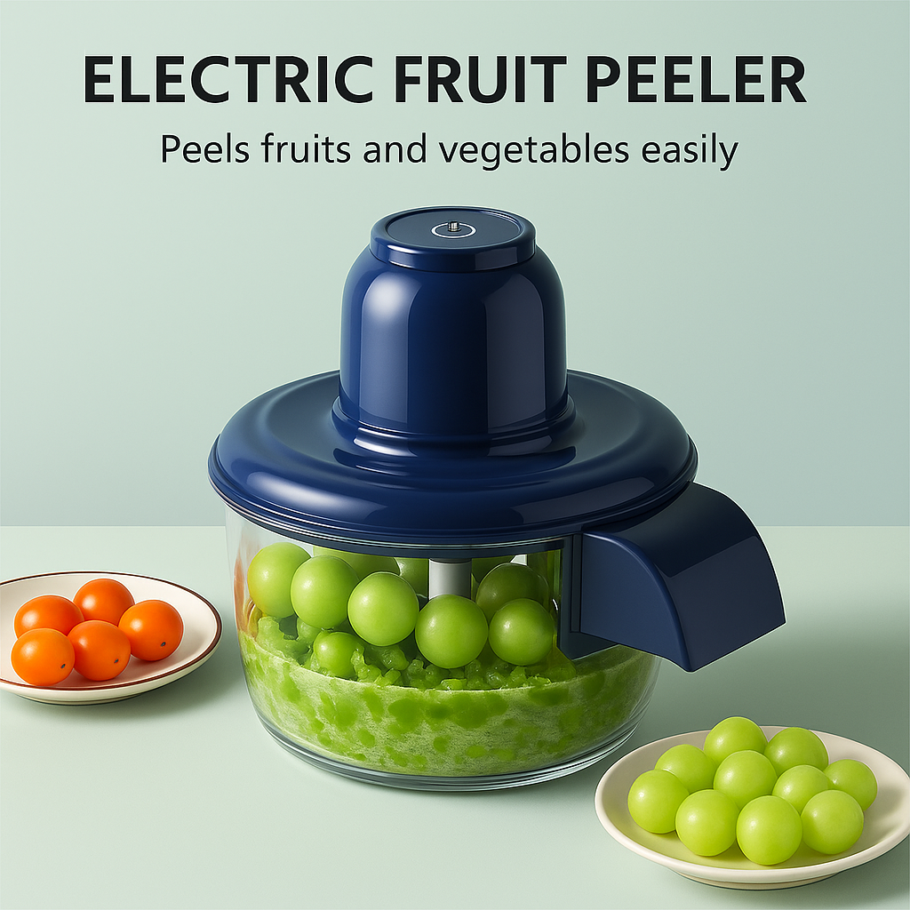 Electric fruit peeler with peeled grapes and tomatoes on a light green background