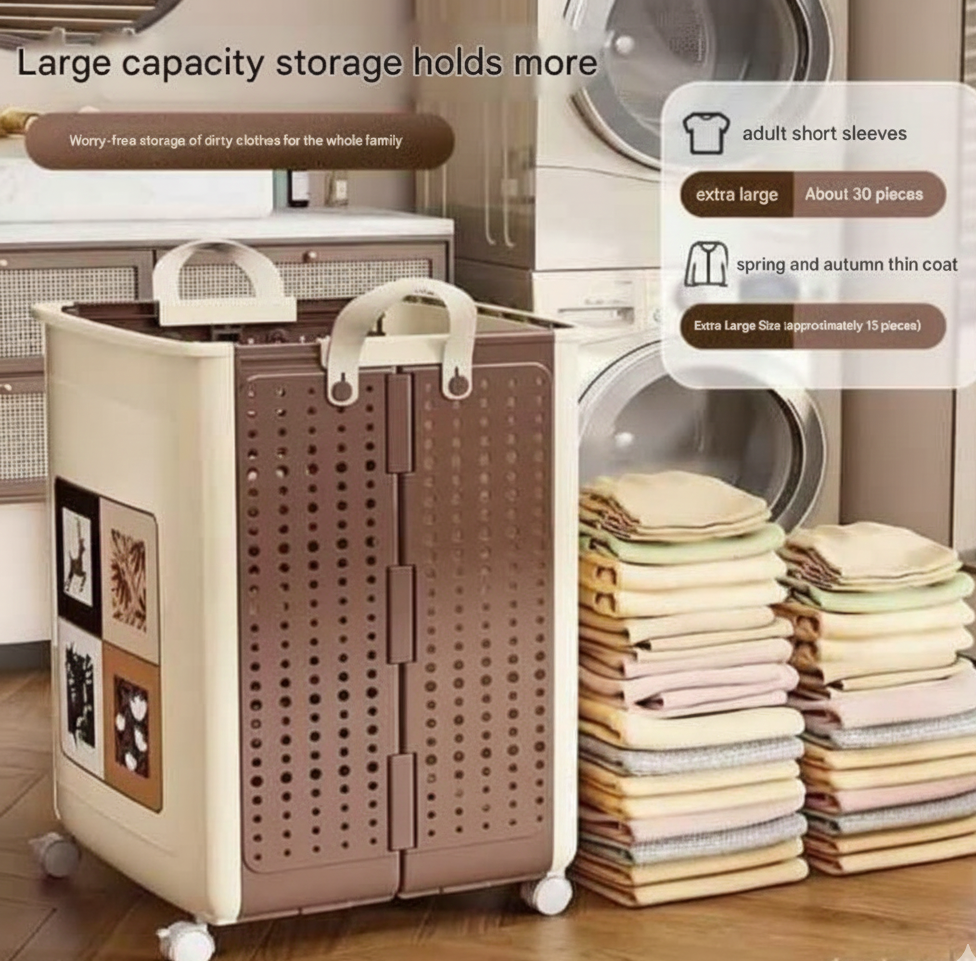 Laundry basket with clothes and text about capacity and usage