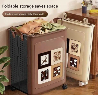 Foldable storage bin with decorative panels on wheels, shown open and closed, in a home setting.
