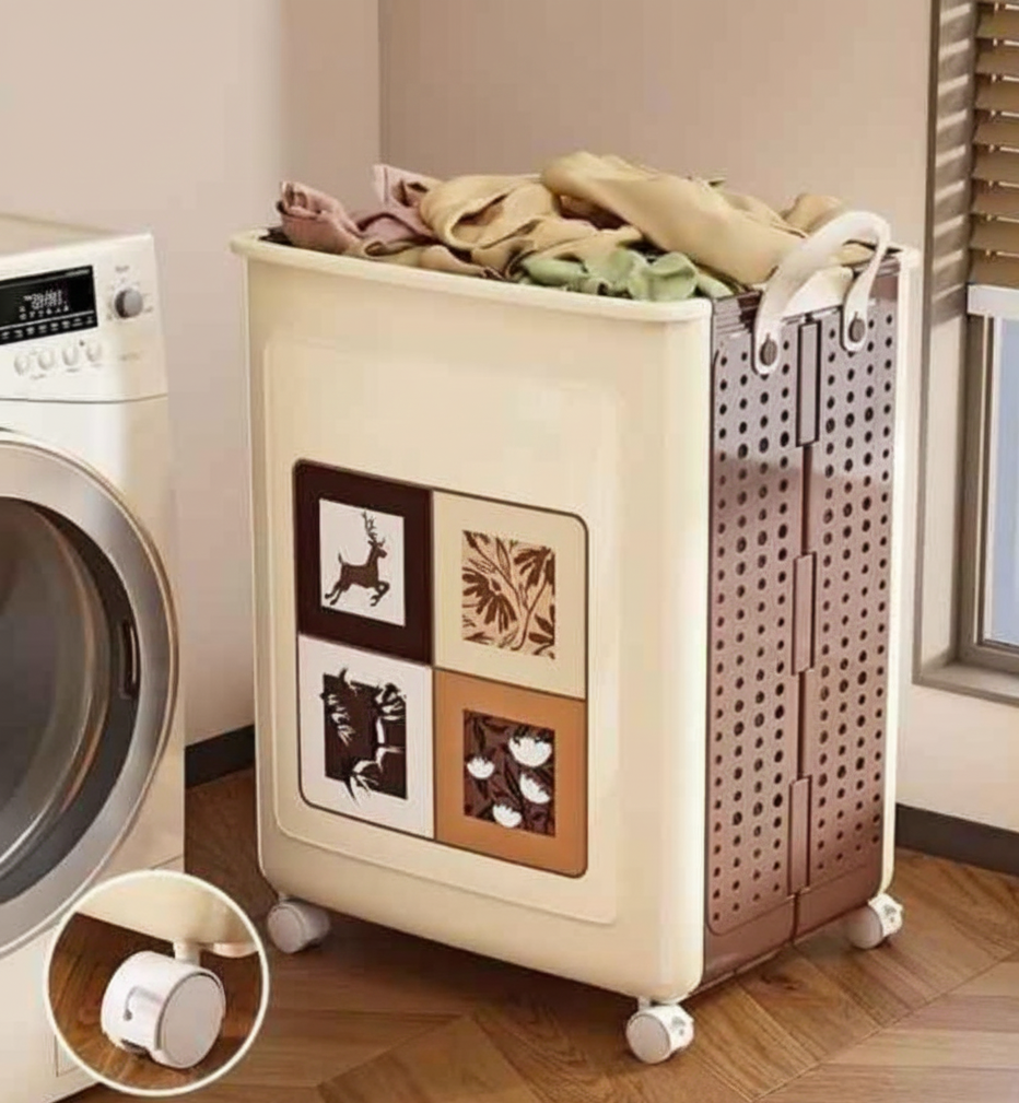Laundry basket with clothes next to a washing machine in a laundry room.