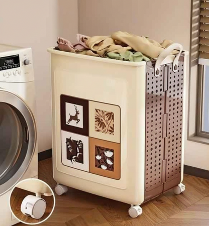 Laundry basket with clothes next to a washing machine in a laundry room.