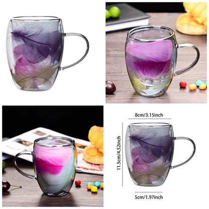 Glass mug with floral design on a wooden surface, surrounded by colorful candies.