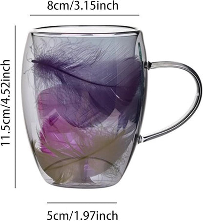 Glass mug with floral design and measurements on a white background