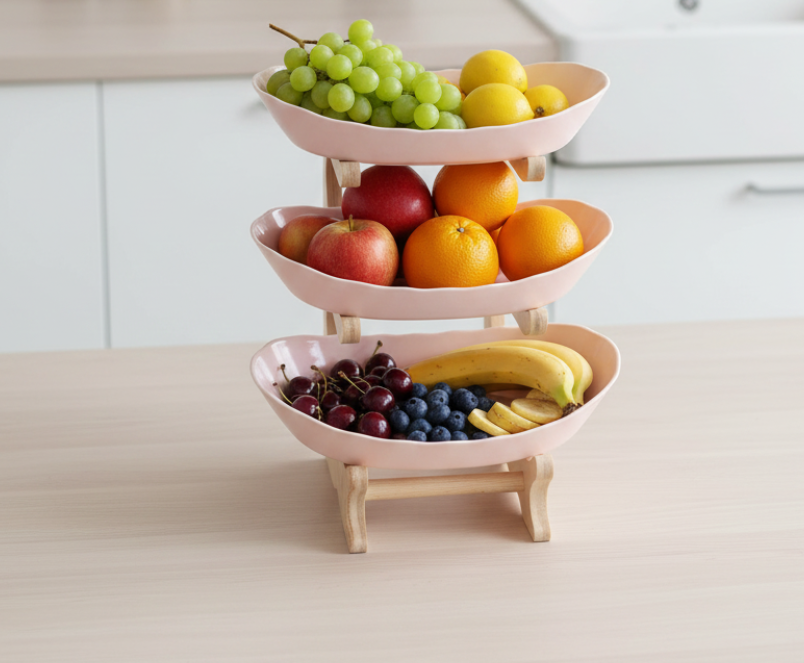 Three-tiered fruit basket with fruits on a kitchen counter