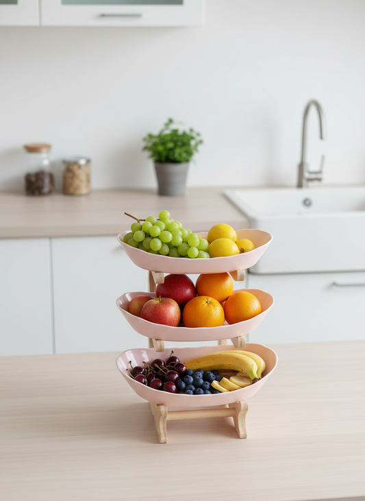 Three-tiered fruit basket with fruits on a kitchen counter