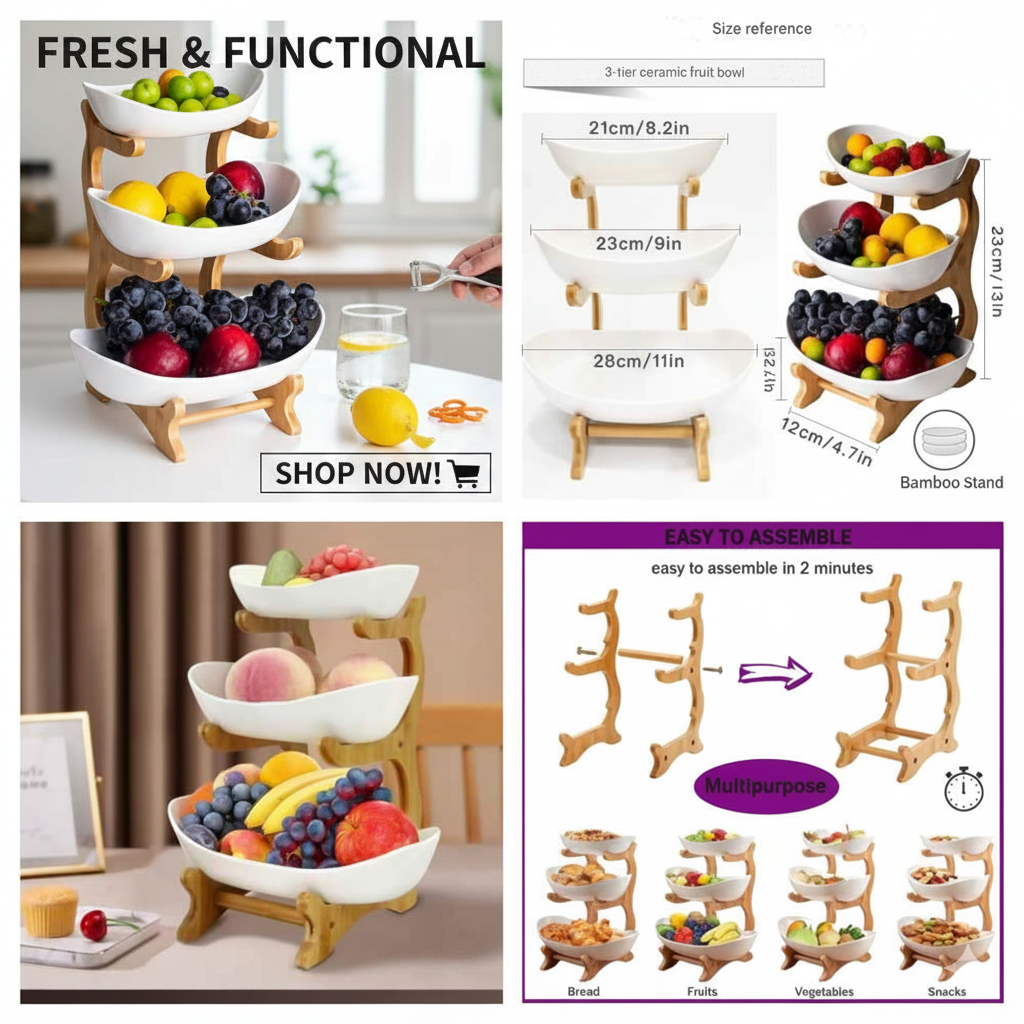 Three-tiered fruit bowl set with fresh fruits on a wooden stand, size reference chart, and assembly instructions.