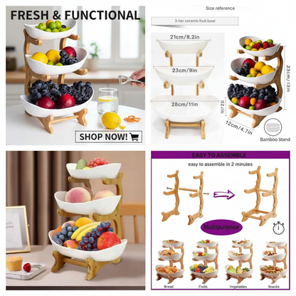 Three-tiered fruit bowl set with fresh fruits on a wooden stand, size reference chart, and assembly instructions.