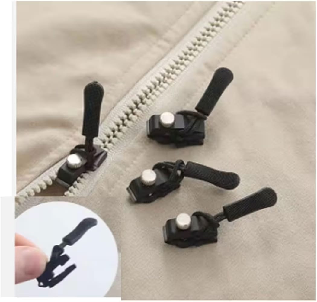 Black zipper pullers attached to a beige jacket with an inset showing a hand holding one.